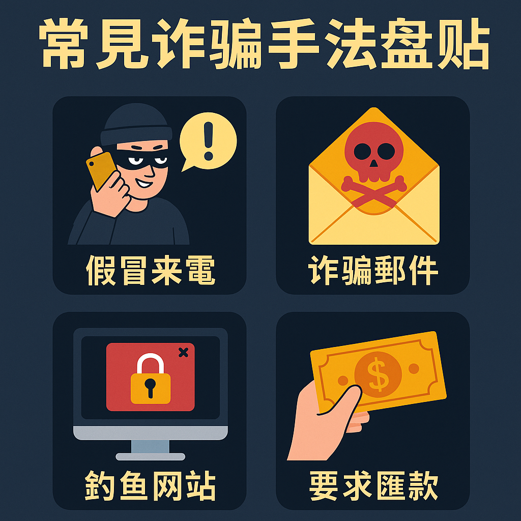 常見詐騙手法圖示,包含假冒來電、詐騙郵件、釣魚網站與要求匯款等四種網路詐騙形式。